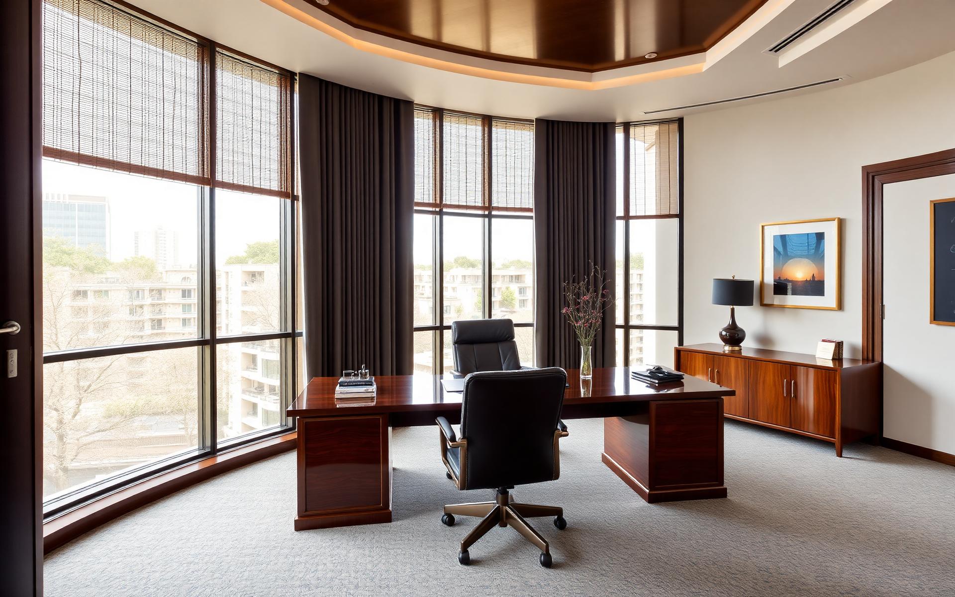 Premium executive office suite interior in Forest Park with floor-to-ceiling windows and elegant furnishings