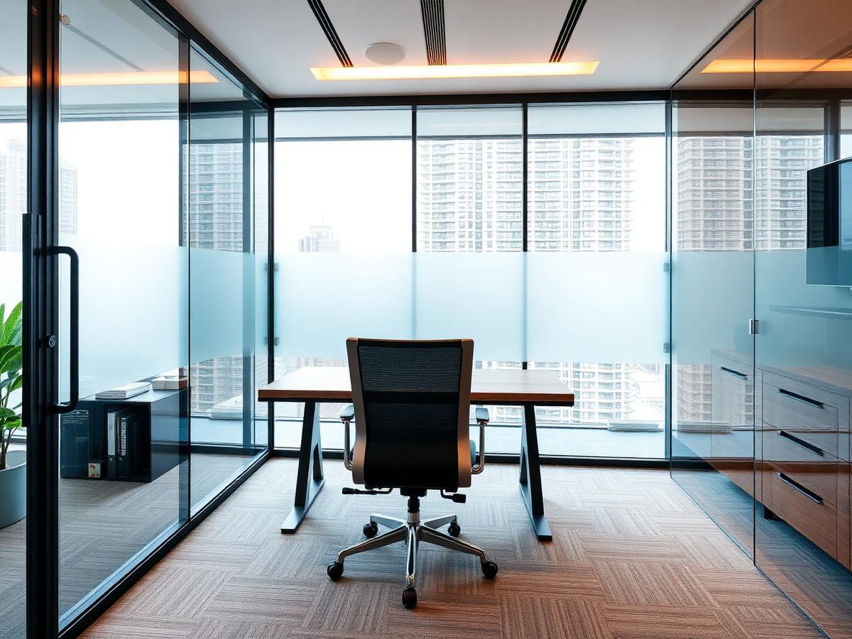 Modern private executive office with glass walls and city view