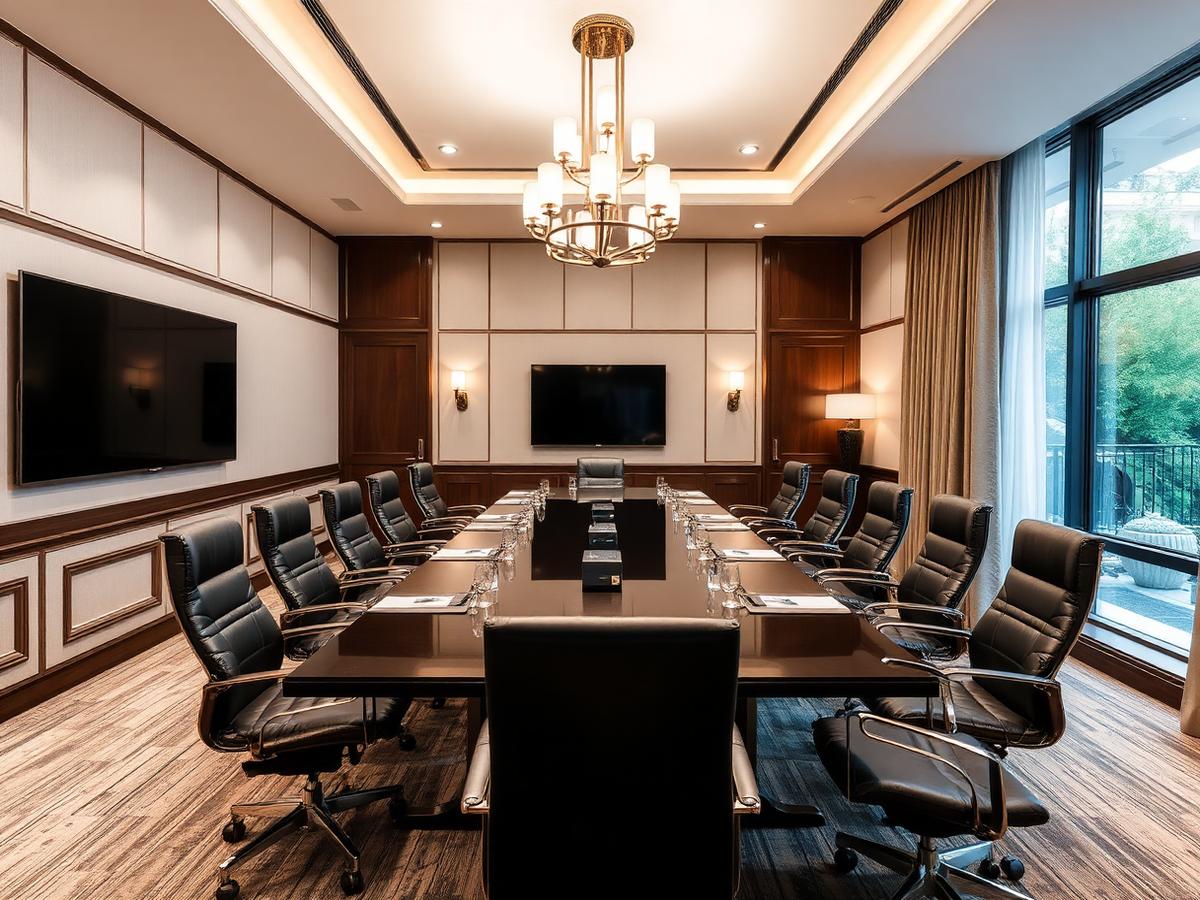 Elegant conference room with long table and leather chairs