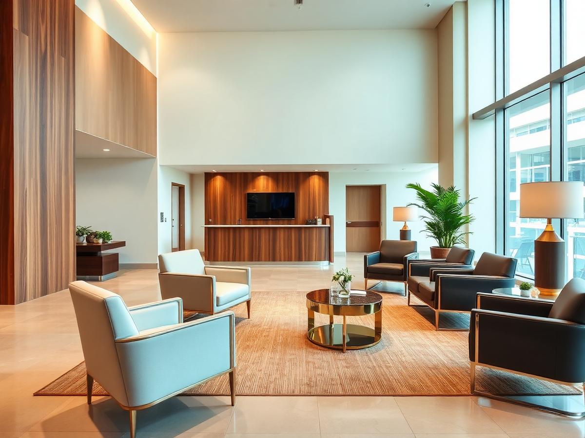 Upscale office reception area with modern seating