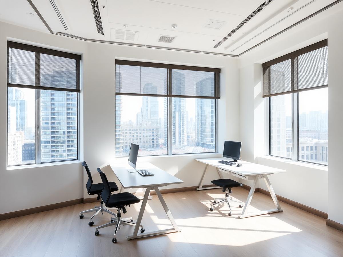 Bright corner team office with two desks and city view