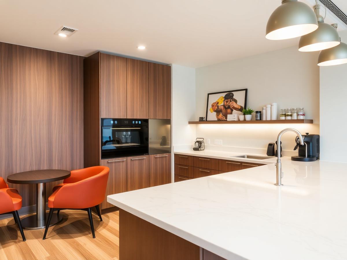 Modern office kitchen with coffee bar