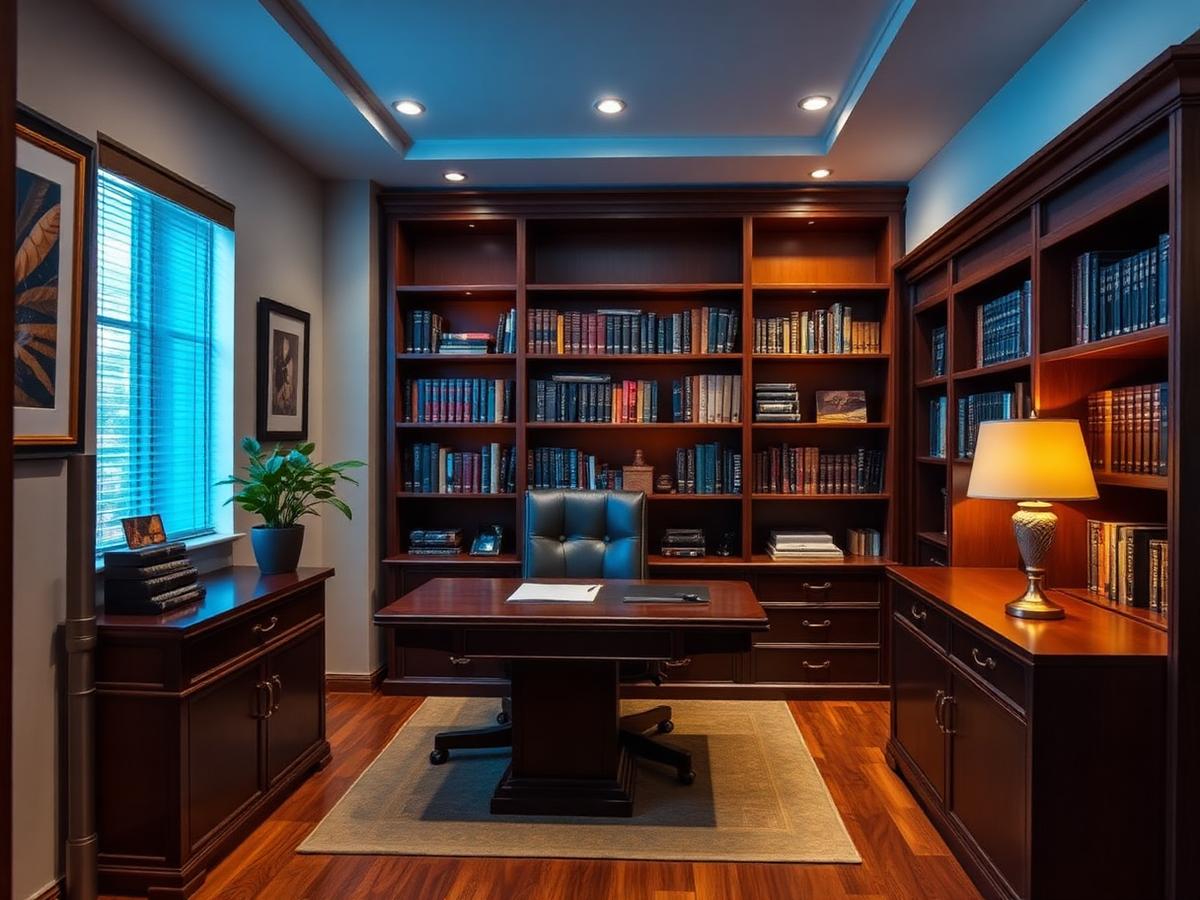 Sophisticated executive office with bookshelves and warm lighting
